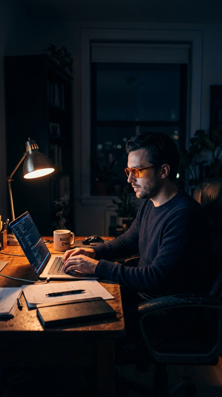 Homme qui travaille concentré, protégé contre les lumières bleues